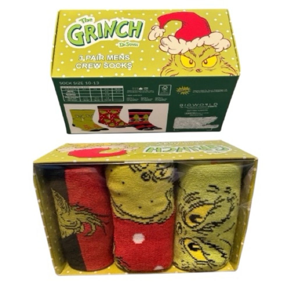 Bioworld Grinch Men's Crew Socks - 3 Pair Pack NWT